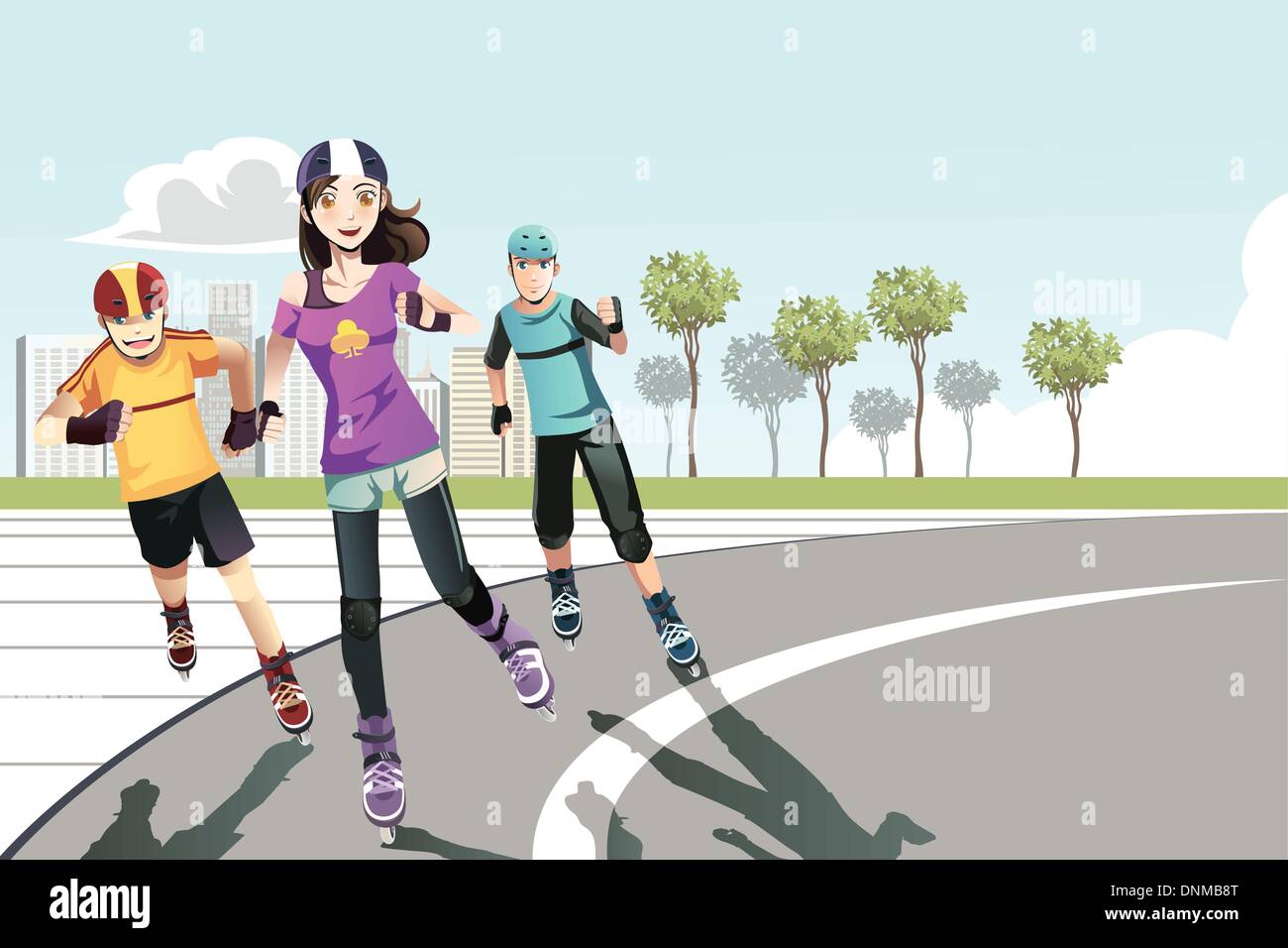 Eine Vektor-Illustration aus einer Gruppe von Teenagern Rollerblading in einem park Stock Vektor