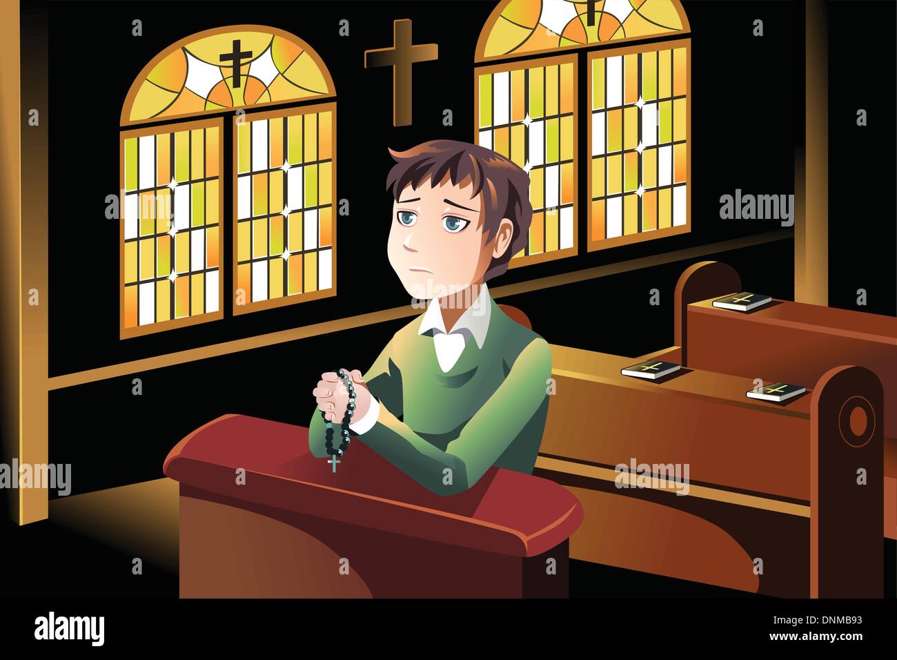Eine Vektor-Illustration eines christlichen Menschen beten in der Kirche Stock Vektor