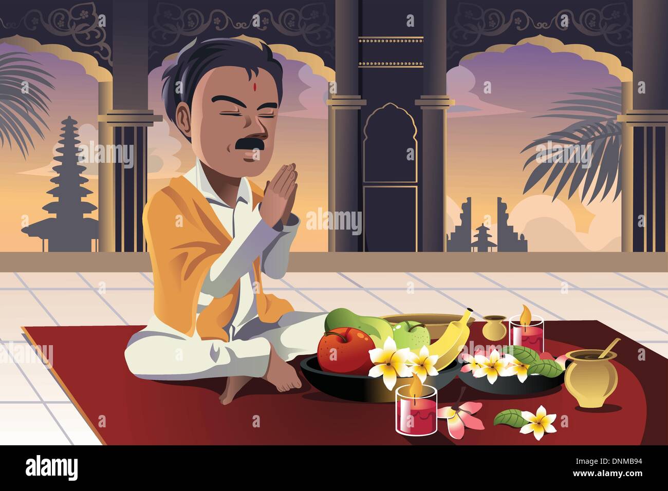 Eine Vektor-Illustration der Hindu Mann, der betet in einem Tempel Stock Vektor