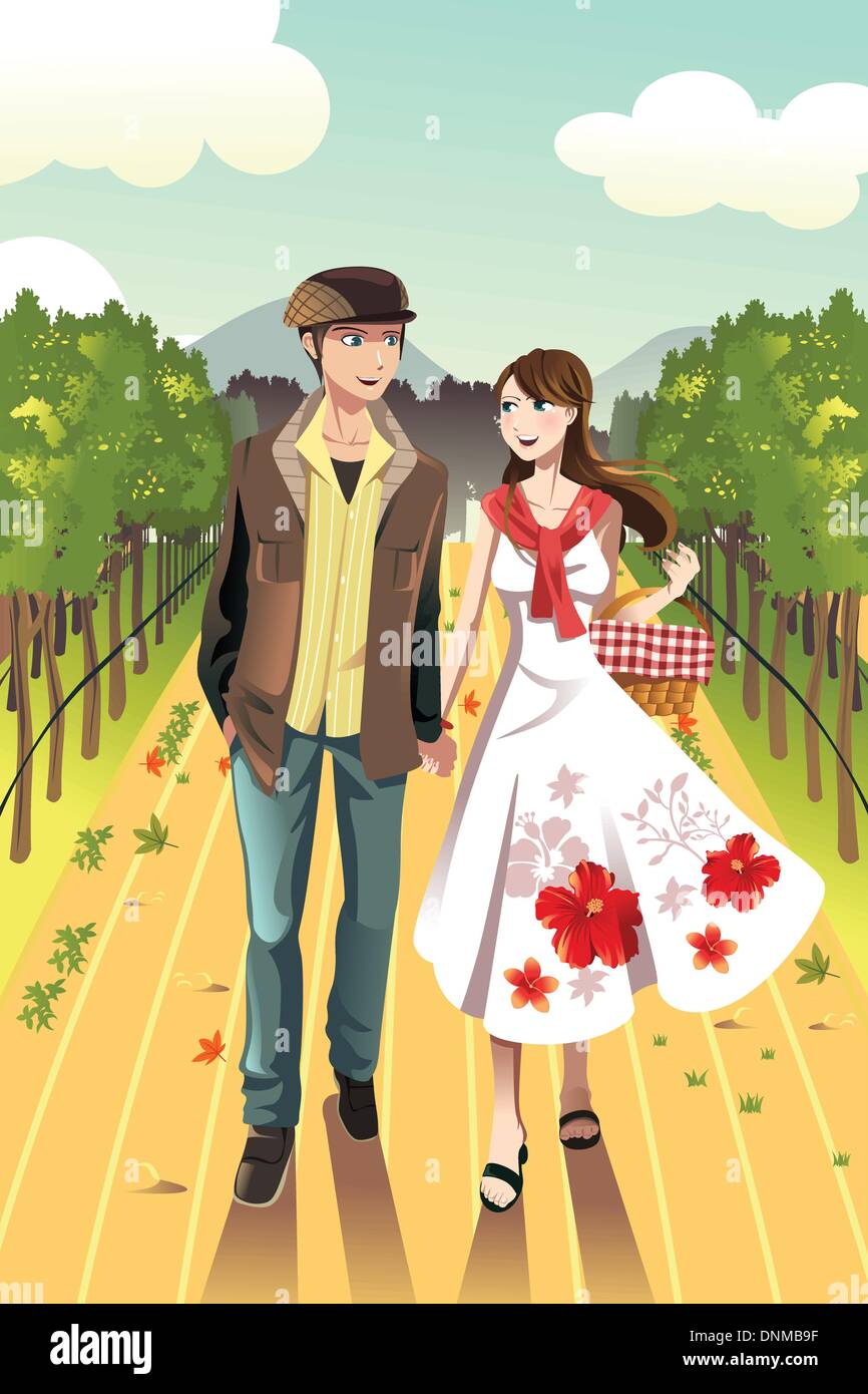 Eine Vektor-Illustration eines jungen Paares, die zu Fuß in einer Weinkellerei Stock Vektor