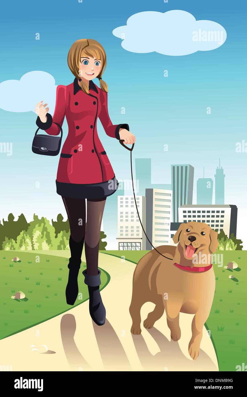 Eine Vektor-Illustration einer Frau, die ihr Hund im Park spazieren gehen Stock Vektor