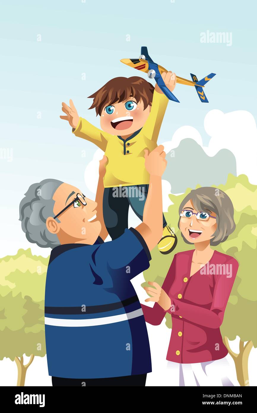 Eine Vektor-Illustration der glückliche Großeltern mit ihrem Enkel spielen Stock Vektor