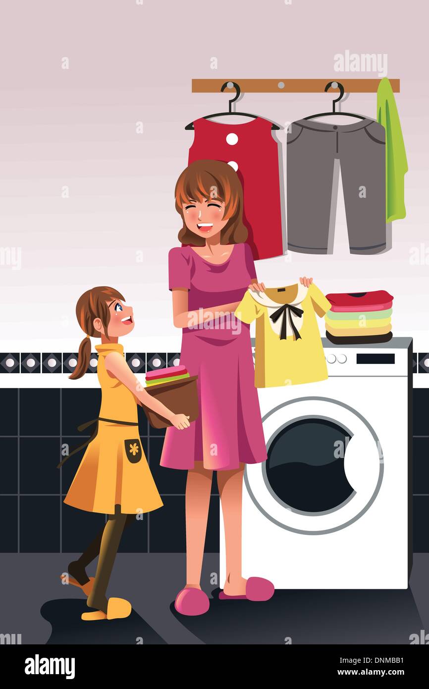 Eine Vektor-Illustration der Tochter hilft ihrer Mutter Wäsche Stock Vektor