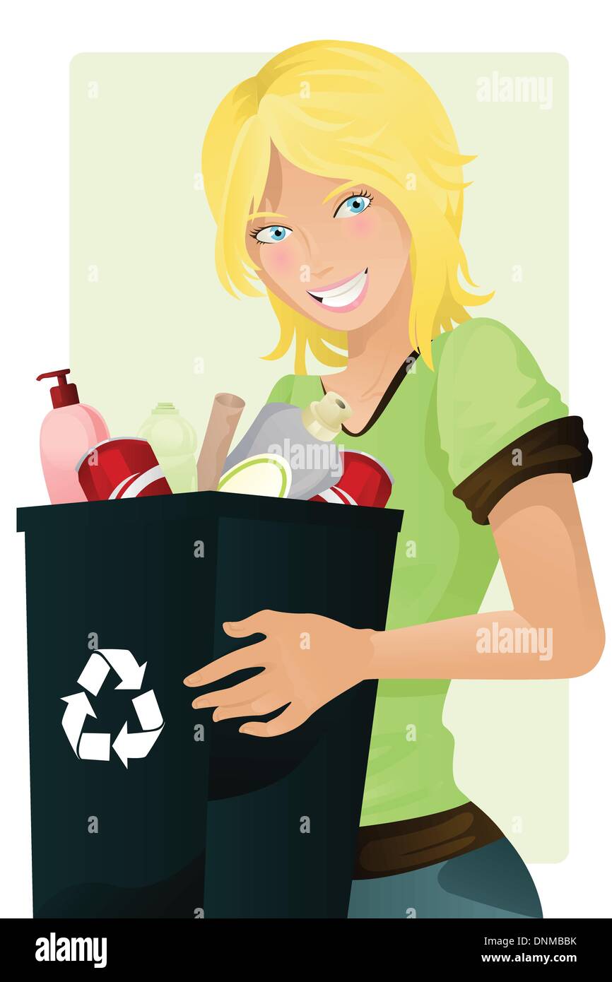 Eine Vektor-Illustration eines Mädchens tragen einen Abfall Papierkorb Stock Vektor