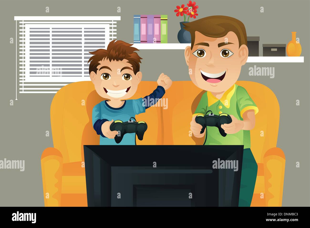 Eine Vektor-Illustration eines Vaters und seines Sohnes spielen von Videospielen im Wohnzimmer Stock Vektor