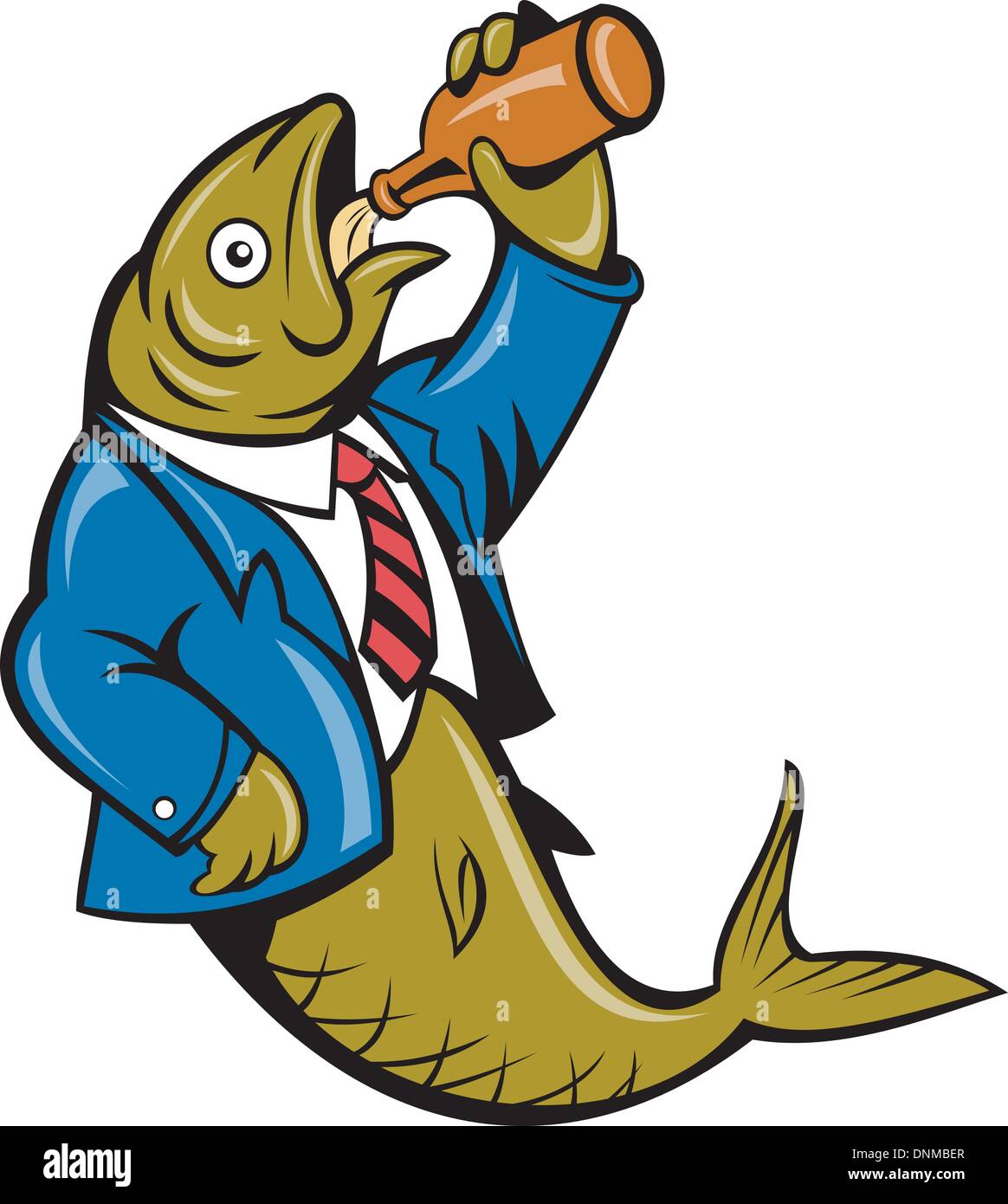 Abbildung eines Zeichentrickfilms Fischen Hering Business-Anzug Bier Trinkflasche isoliert auf weiss Stock Vektor