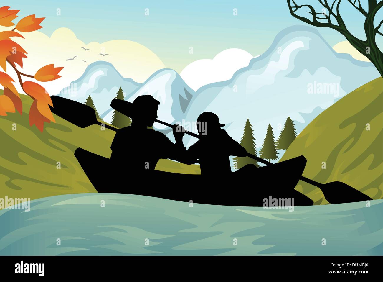 Eine Vektor-Illustration von zwei Menschen, Kajakfahren auf dem Fluss Stock Vektor