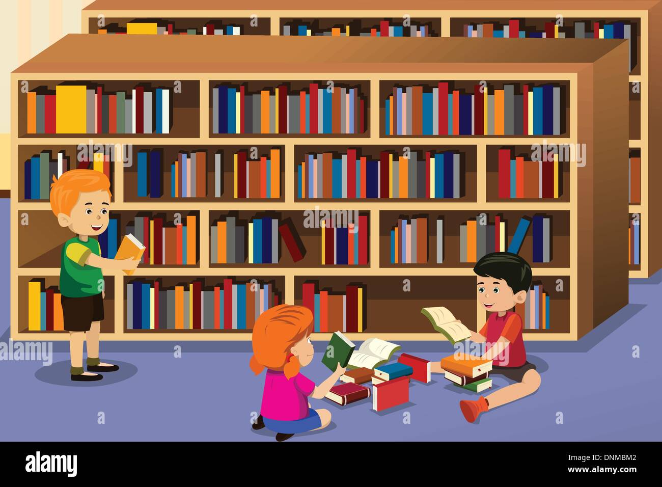 Eine Vektor Illustration Der Kinder Lesen Ein Buch In Der Bibliothek Stock Vektorgrafik Alamy