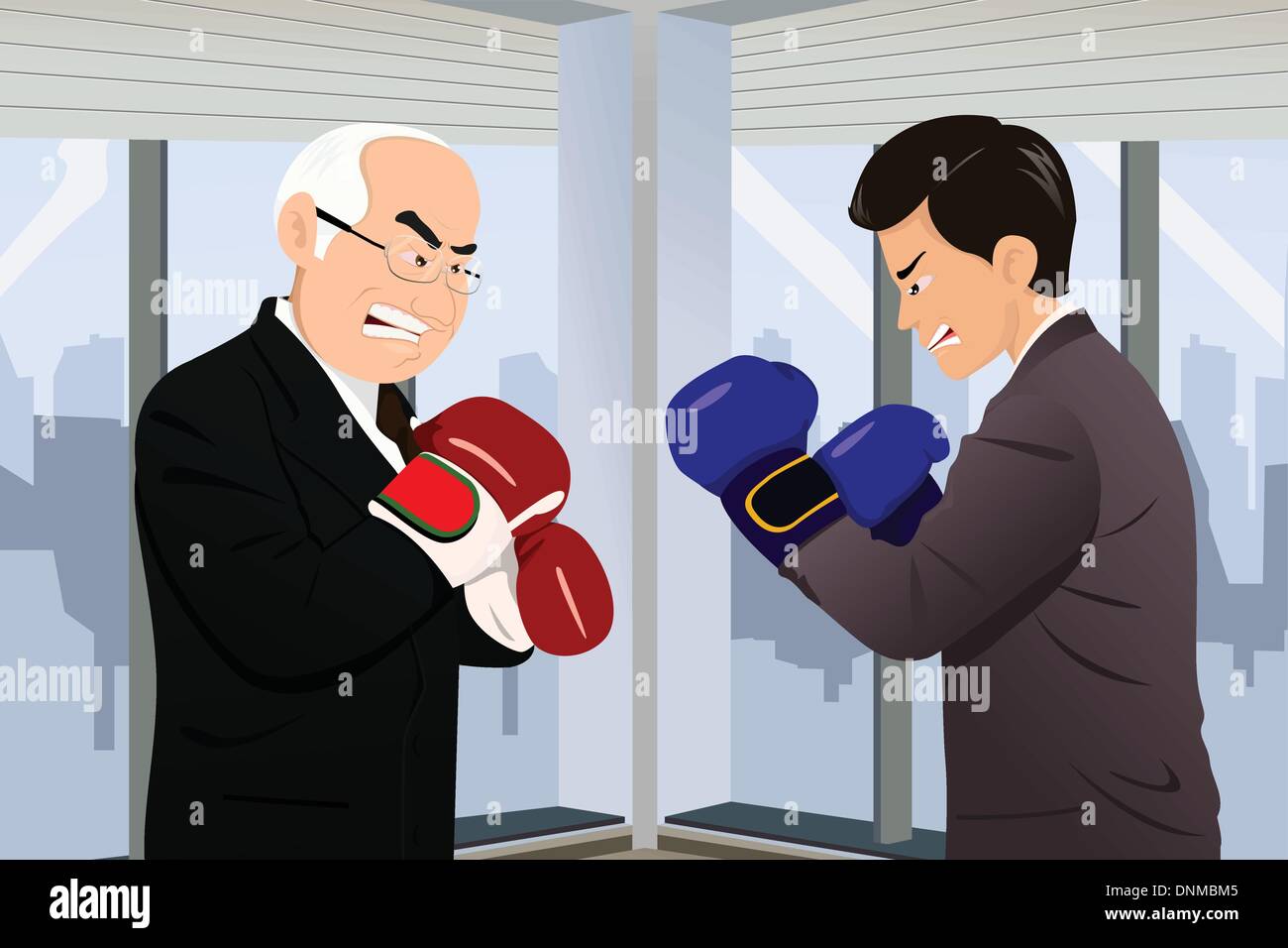 Eine Vektor-Illustration von zwei Geschäftsleute im Geschäft passt vor sich mit Boxhandschuhen für Business-Konzept Stock Vektor
