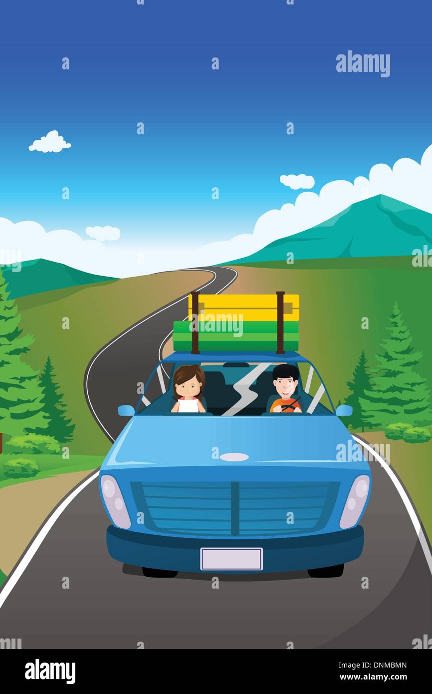 Eine Vektor-Illustration eines Paares fahren ein Auto auf einem Roadtrip Stock Vektor