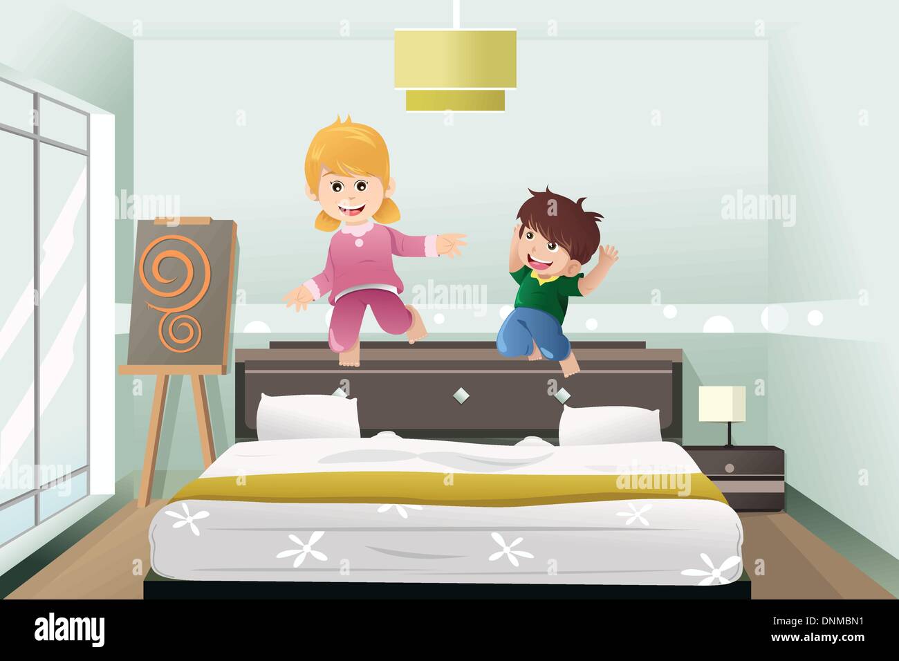 Eine Vektor-Illustration der aktiven Kinder springen auf dem Bett Stock Vektor