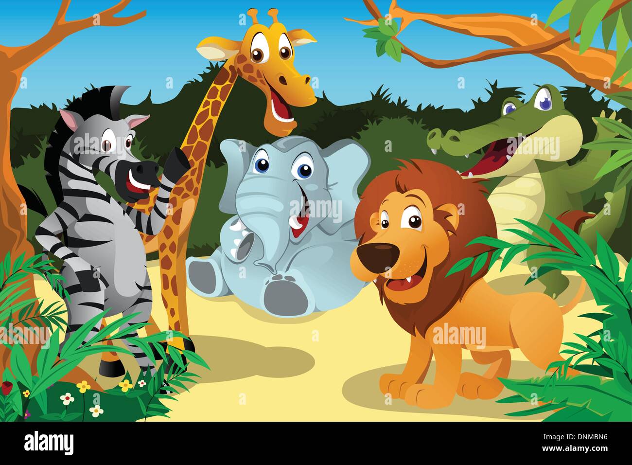 Eine Vektor-Illustration von einer Gruppe von afrikanischen Wildtieren im Dschungel Stock Vektor