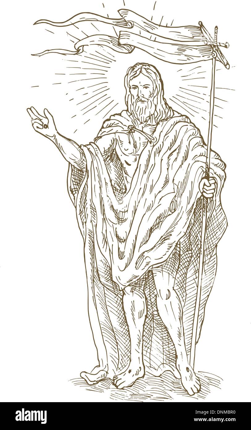 Handskizze zeichnen Abbildung des die Auferstandenen oder der auferstandene Jesus Christus stehend mit Flagge Stock Vektor