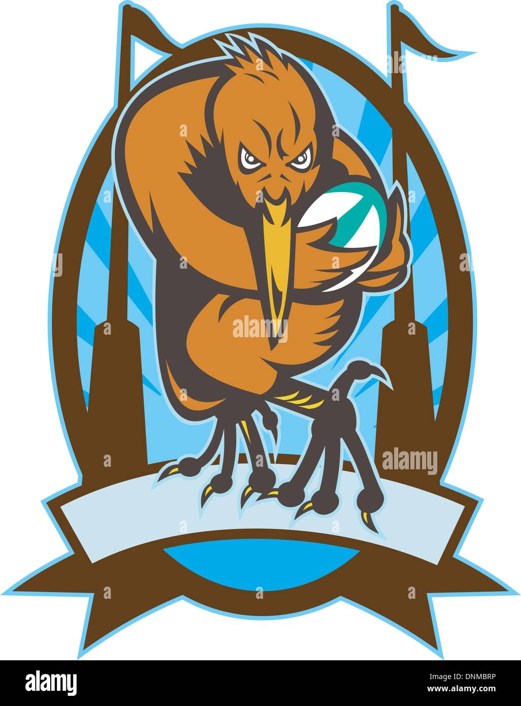 Vektor-Illustration ein Kiwi-Rugby-Spieler mit Ball und Tor in ovaler Ausführung Stock Vektor