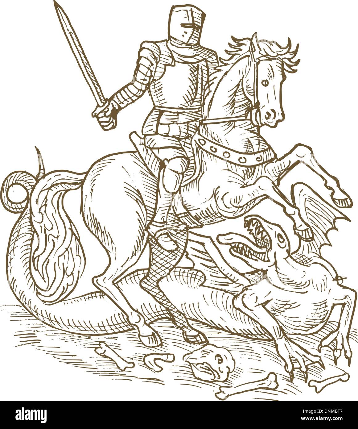 Zeichnung von Ritter St. Georg und dem Drachen fertig in schwarz / weiß Stock Vektor