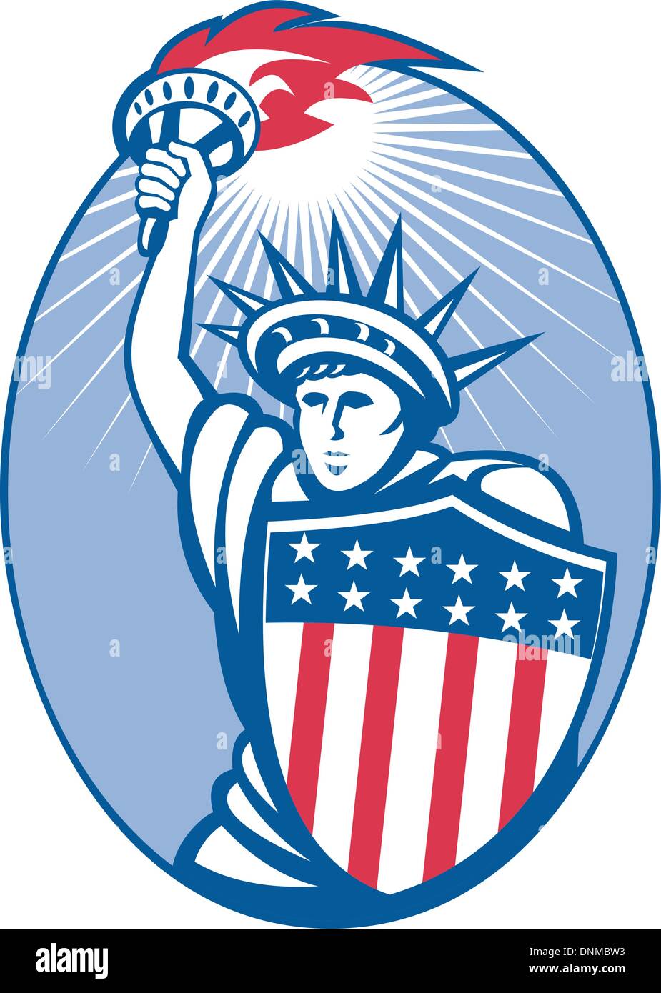 Illustration von Lady Freiheitsstatue mit Fackel und Schild im Inneren Oval. Stock Vektor