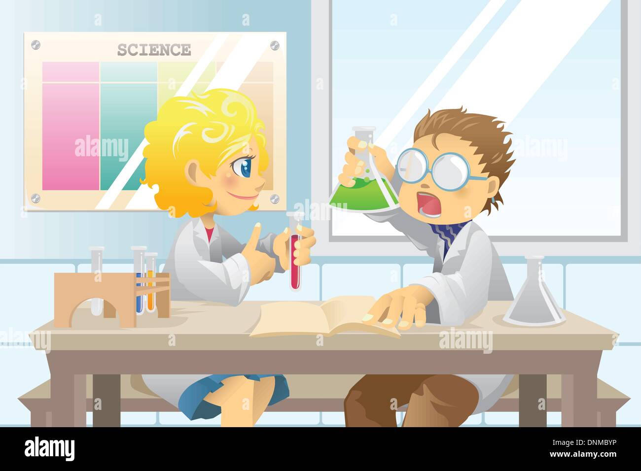Eine Vektor-Illustration von Studenten in einem Science-Klasse an ein wissenschaftliches Projekt arbeiten Stock Vektor