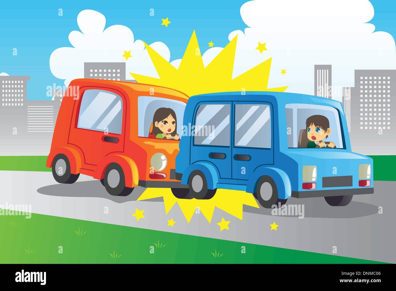 Eine Vektor-Illustration von zwei Autos bei einem Unfall Stock Vektor