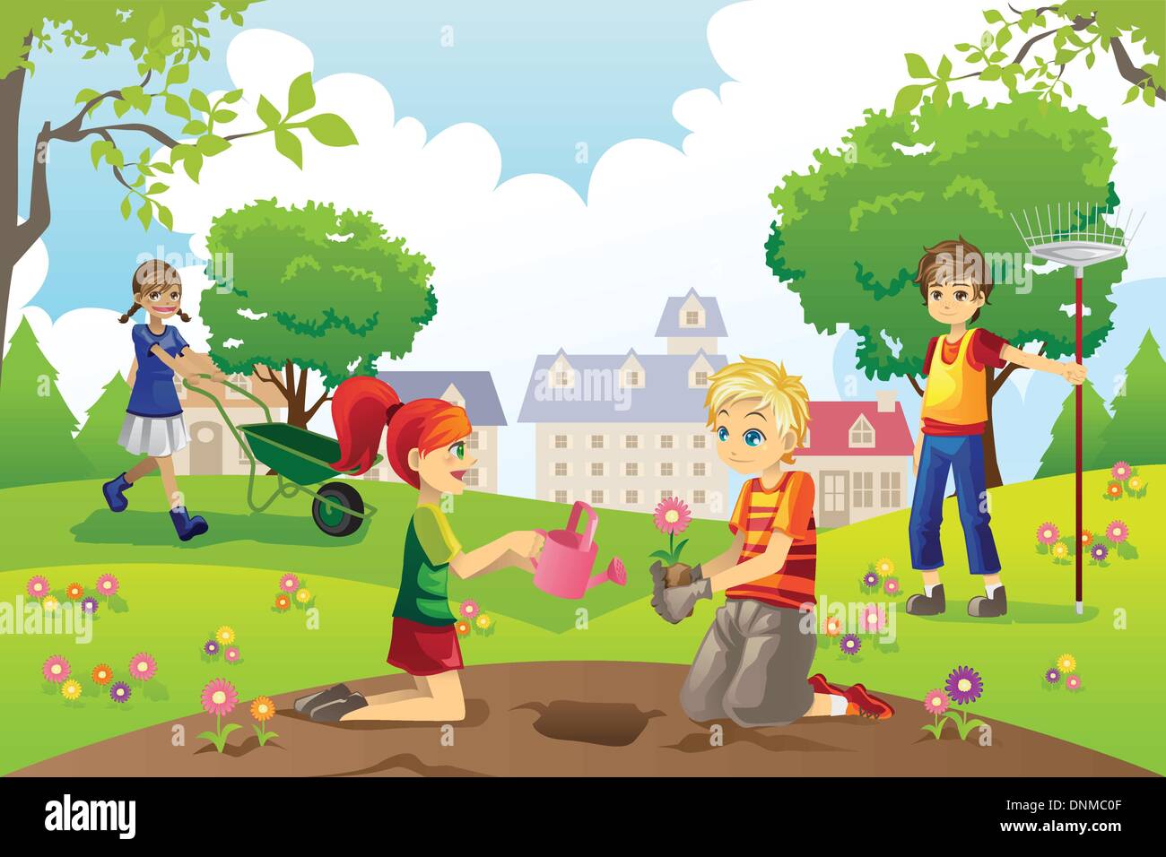 Eine Vektor-Illustration von Kindern im Garten außerhalb Stock Vektor