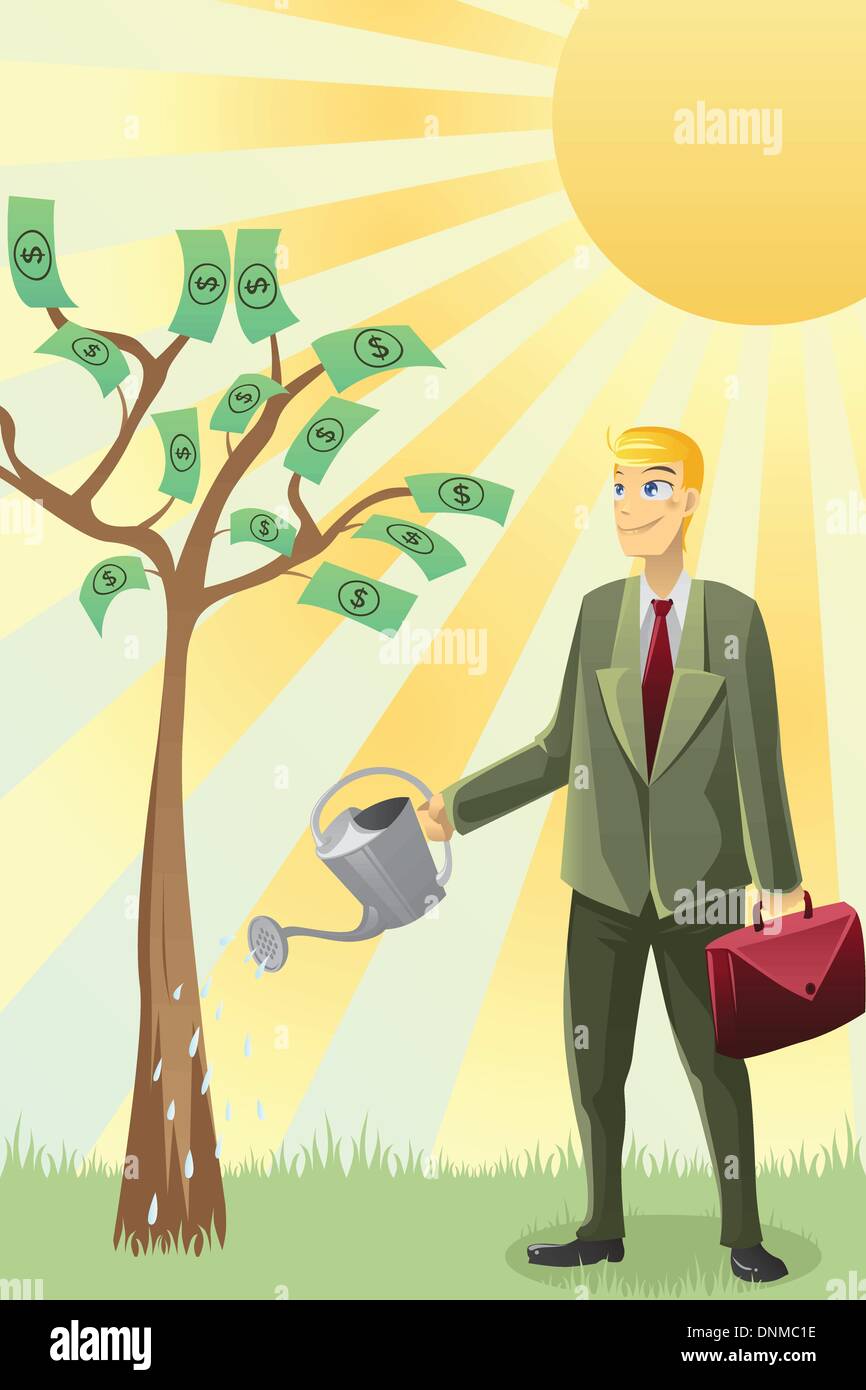 Eine Vektor-Illustration eines Geschäftsmannes Bewässerung einen Geldbaum Stock Vektor