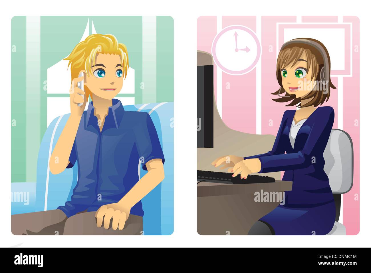 Eine Vektor-Illustration eines Kunden und einem Kundenservice-Mitarbeiter am Telefon sprechen Stock Vektor