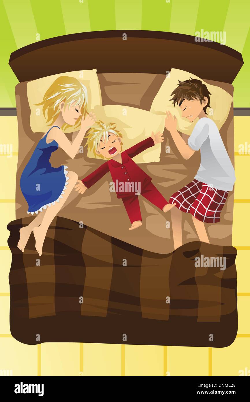 Eine Vektor-Illustration von Eltern mit ihrem Kind im selben Bett schlafen Stock Vektor