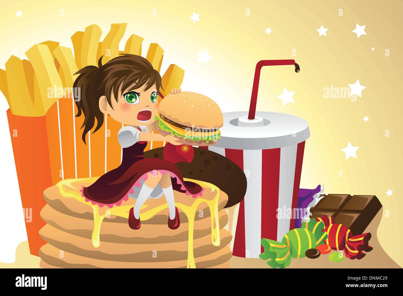 Eine Vektor-Illustration eines Mädchens Essen Junk food Stock Vektor