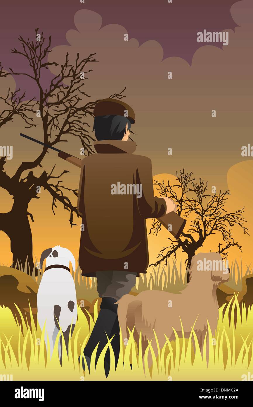 Eine Vektor-Illustration eines Jägers Jagd mit seinen zwei Hunden gehen Stock Vektor