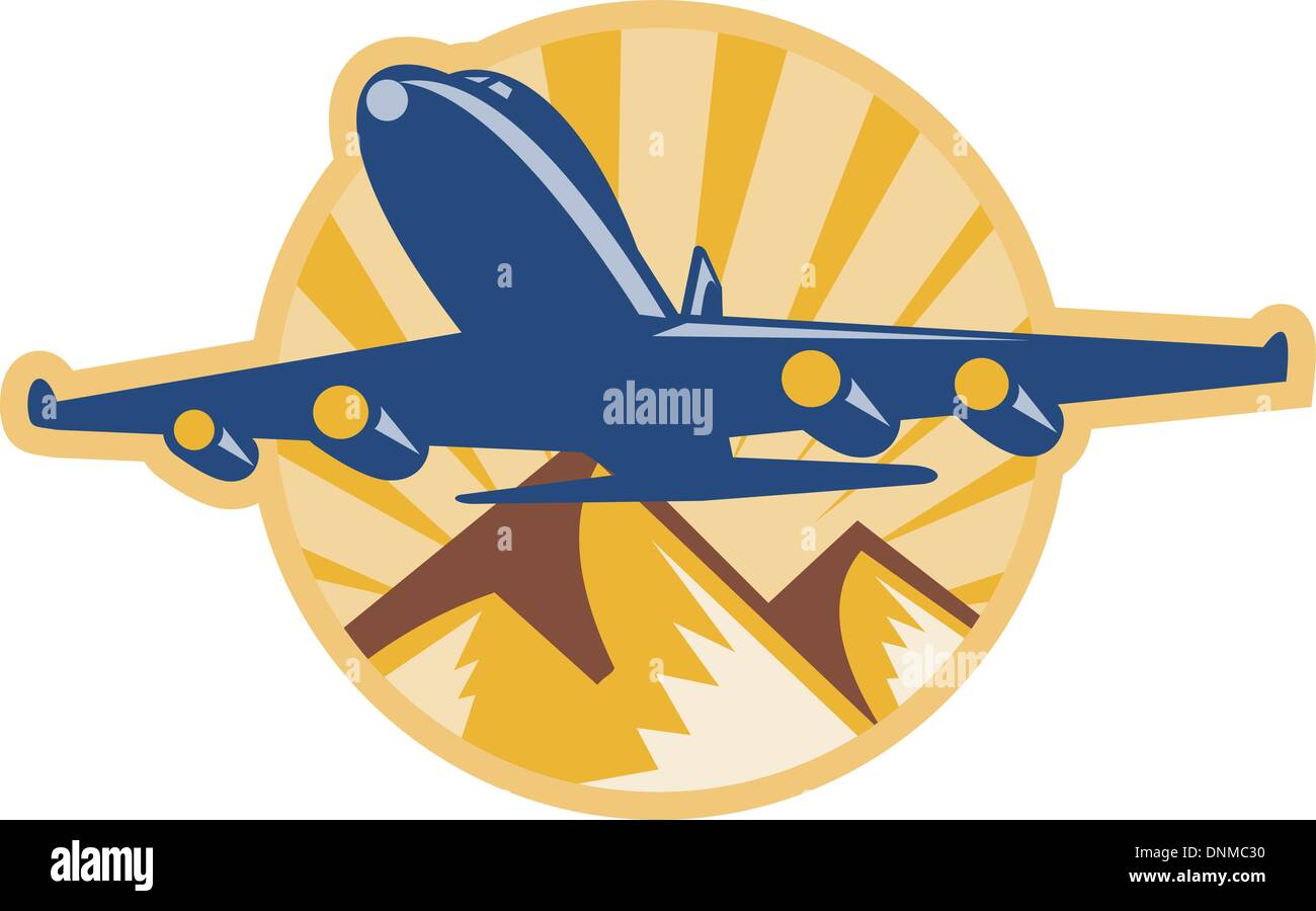 Abbildung von einem Propellerflugzeug fliegen mit Bergen Stock Vektor