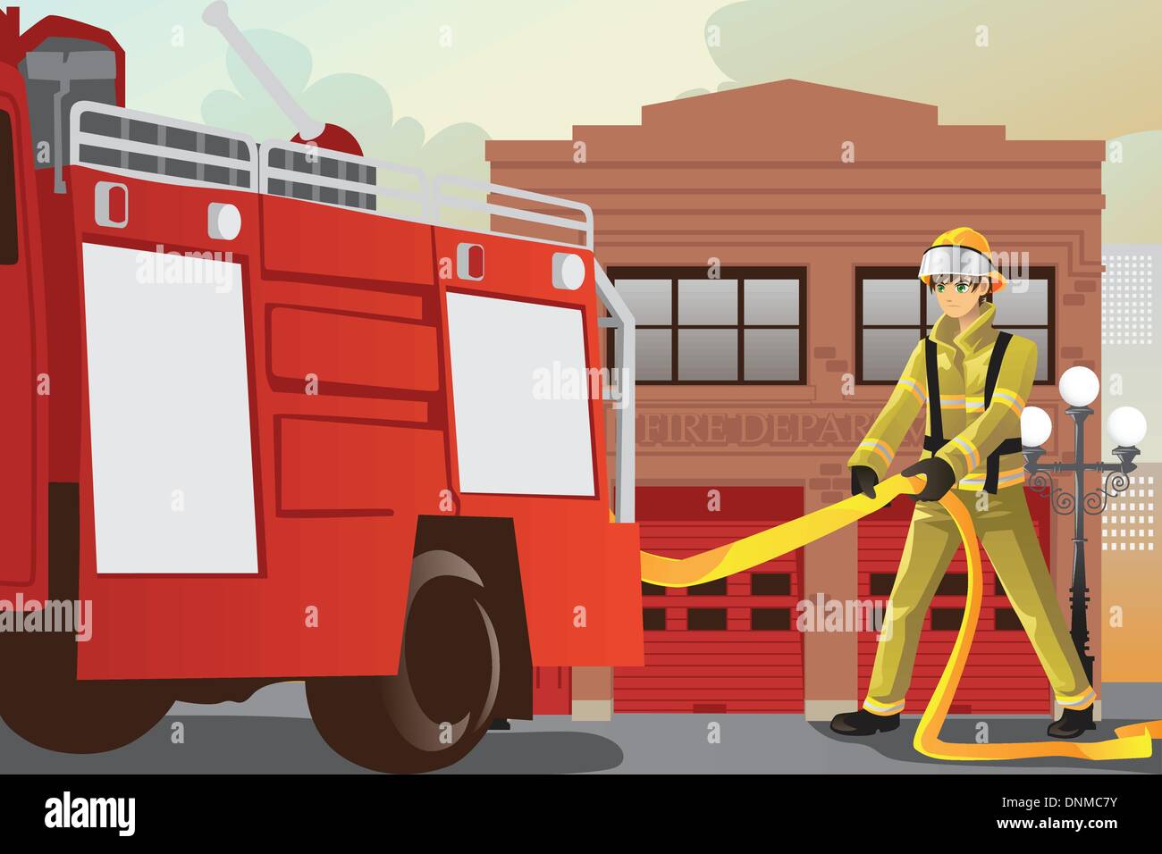 Eine Vektor-Illustration arbeiten, ziehen Sie den Schlauch aus seinem Feuerwehrauto Feuerwehrmann Stock Vektor