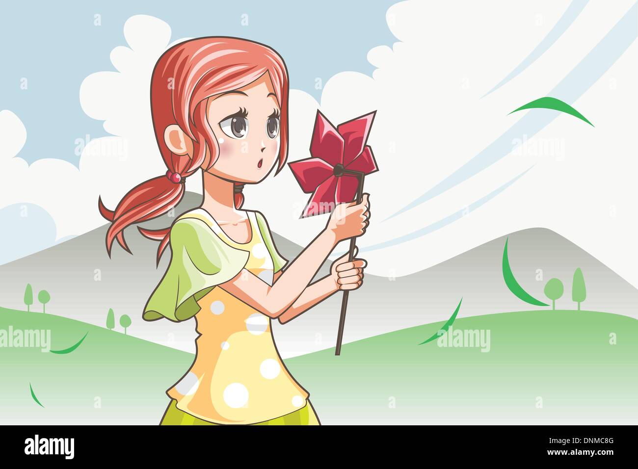 Eine Vektor-Illustration eines Mädchens weht ein Windrad Stock Vektor