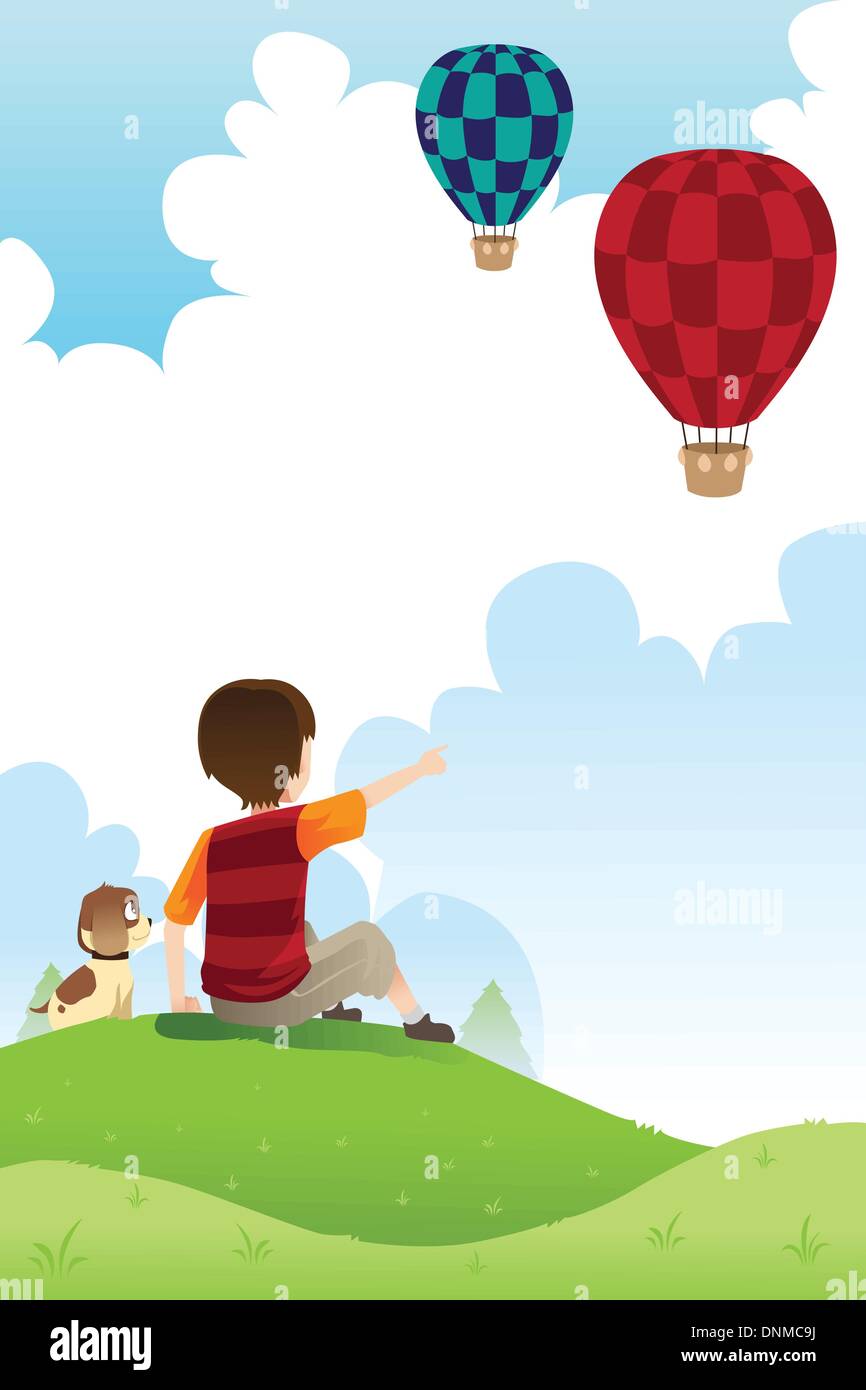 Eine Vektor-Illustration ein Junge und sein Hund gerade Heißluftballons Stock Vektor