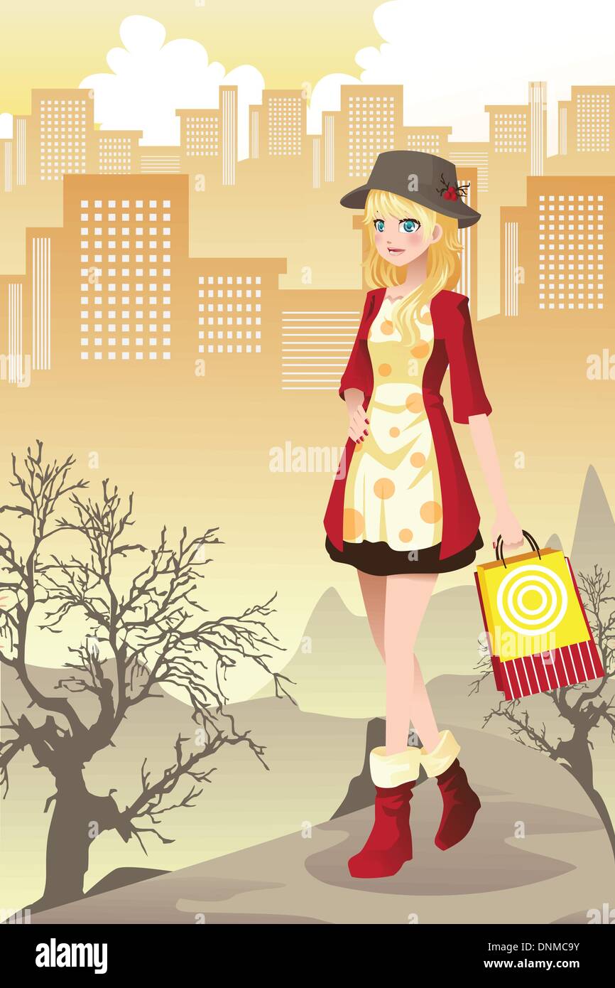 Eine Vektor-Illustration eines schönen Mädchens, shopping in der city Stock Vektor