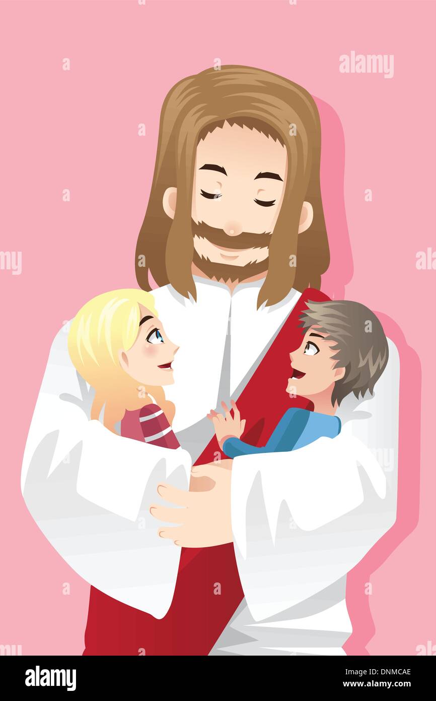 Eine Vektor-Illustration von Jesus hielt zwei Kinder in seinen Armen Stock Vektor