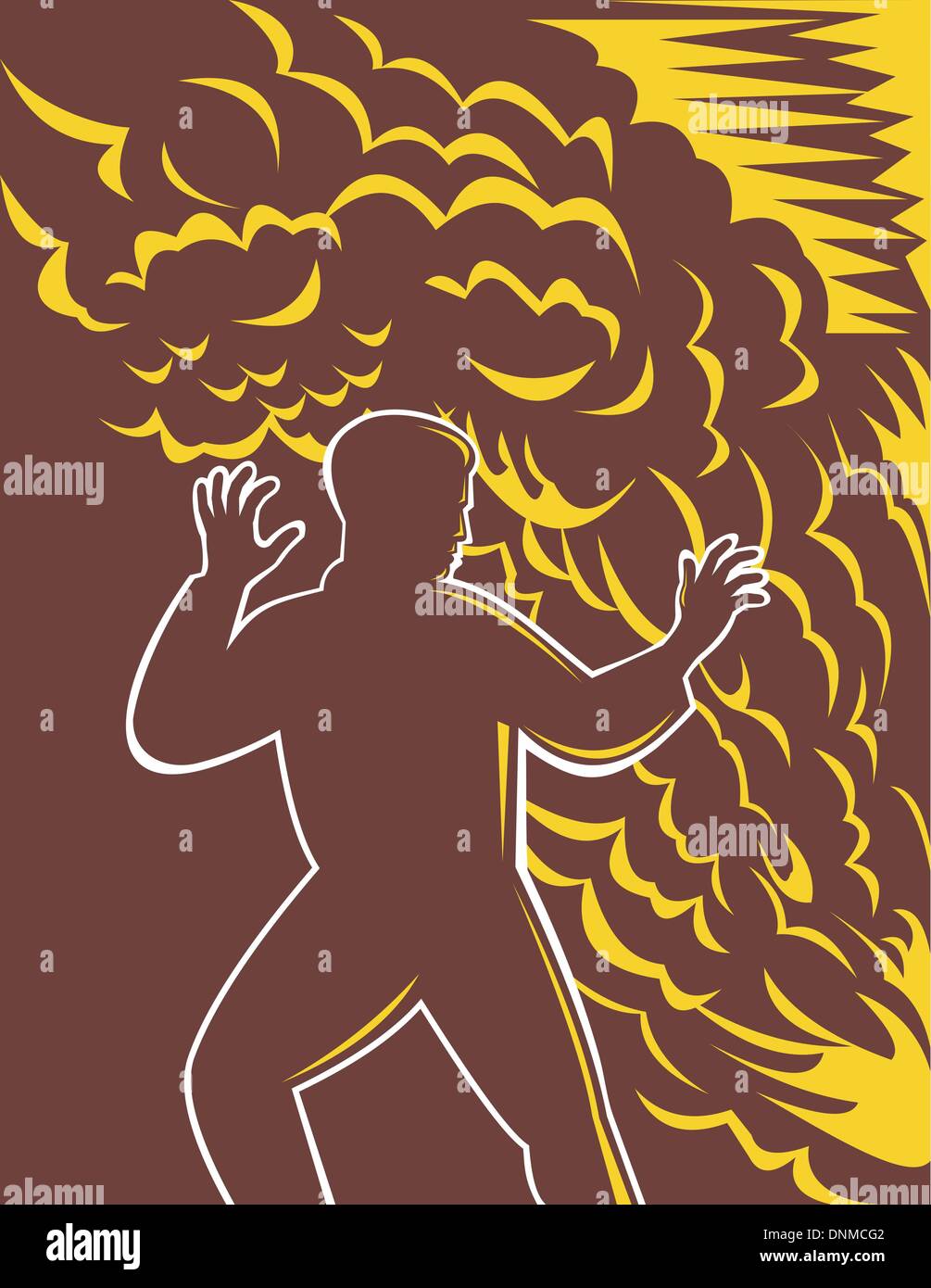 Abbildung eines Mannes Angst vor brennenden Feuer und Rauch Stock Vektor