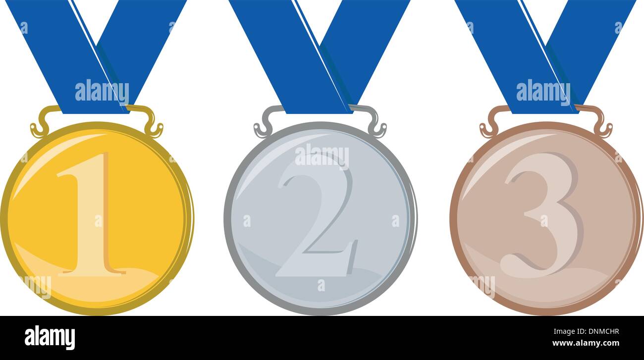 Illustration der Medaille gold Silber Bronze mit den Zahlen 1, 2 und 3 setzen auf weißem Hintergrund im retro-Stil gemacht. Stock Vektor