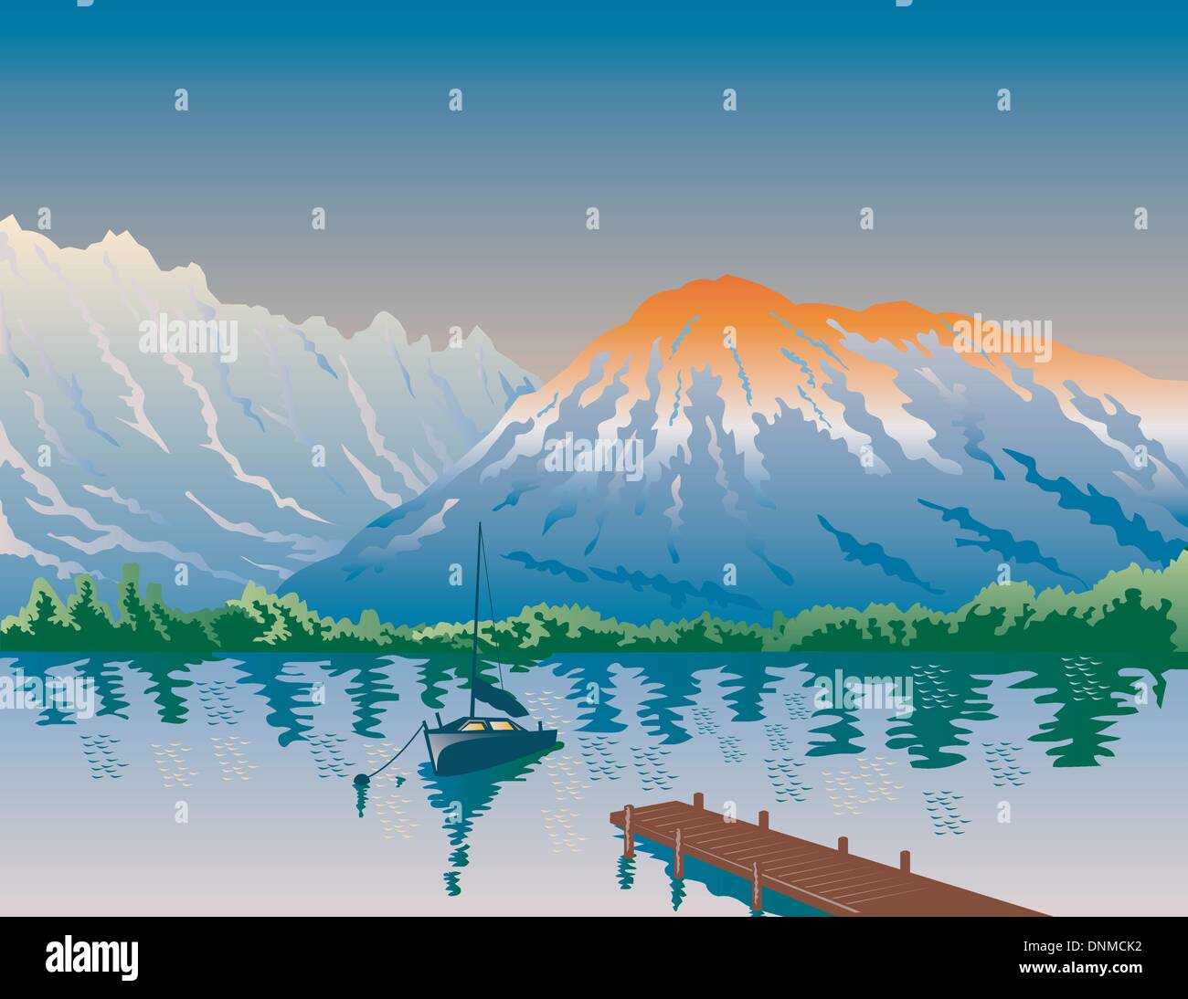 Beispiel für ein Segelboot segeln angedockt am Landesteg Hafen am See mit Berg im Hintergrund-retro-Stil. Stock Vektor