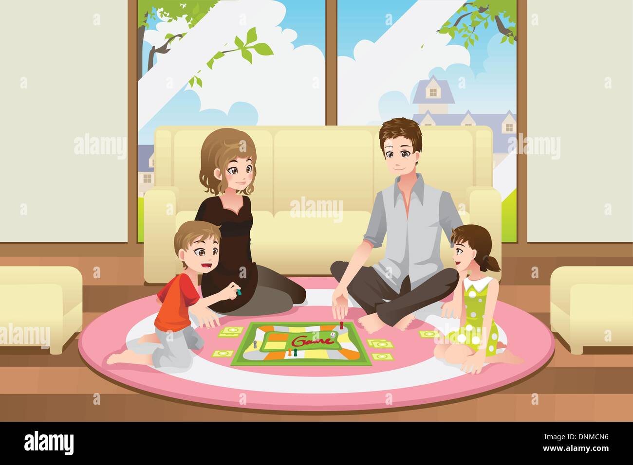Eine Vektor-Illustration einer glücklichen Familie, ein Brettspiel zu Hause Stock Vektor
