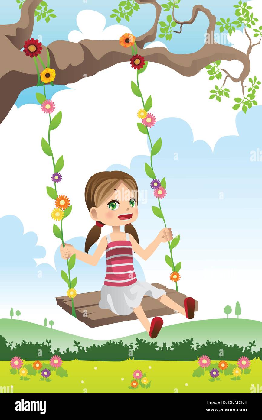 Eine Vektor-Illustration eines süßen kleinen Mädchens schwingen auf einem Baum Stock Vektor