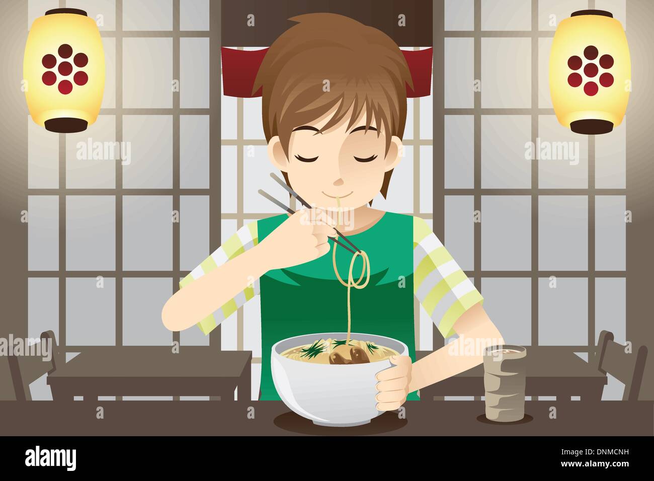 Eine Vektor-Illustration eines jungen Essen eine Schale mit Nudeln Stock Vektor