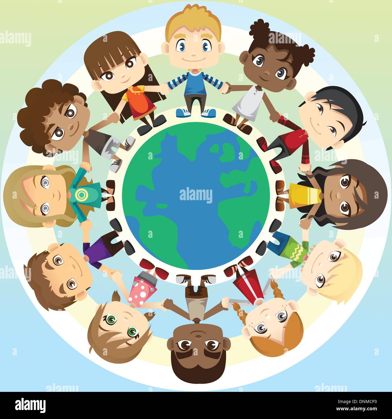 Eine Vektor-Illustration der Multi ethnischen Gruppe der Kinder Hand in Hand rund um den Globus Stock Vektor