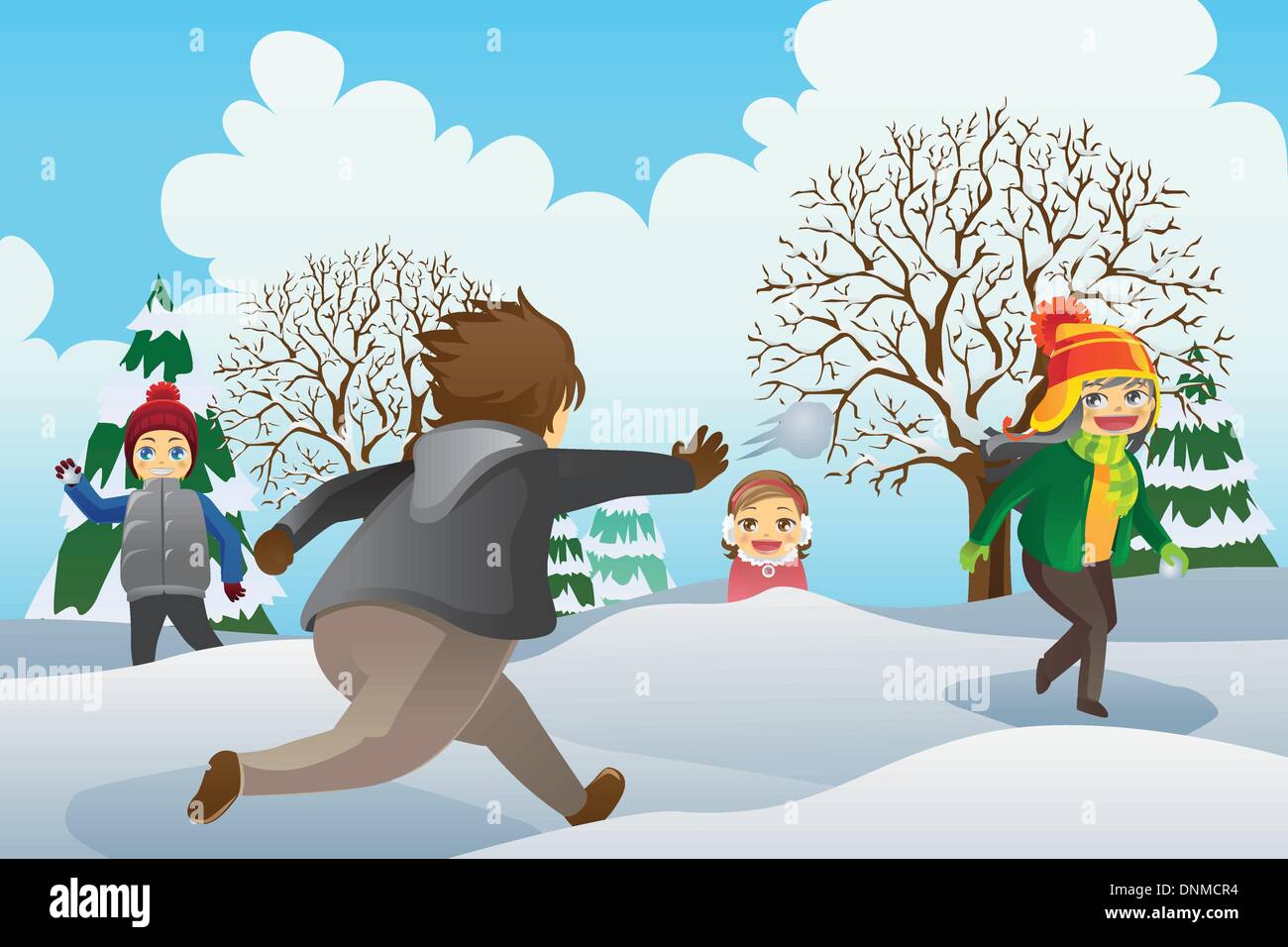 Eine Vektor-Illustration von Kindern spielen Schneebälle im freien Stock Vektor