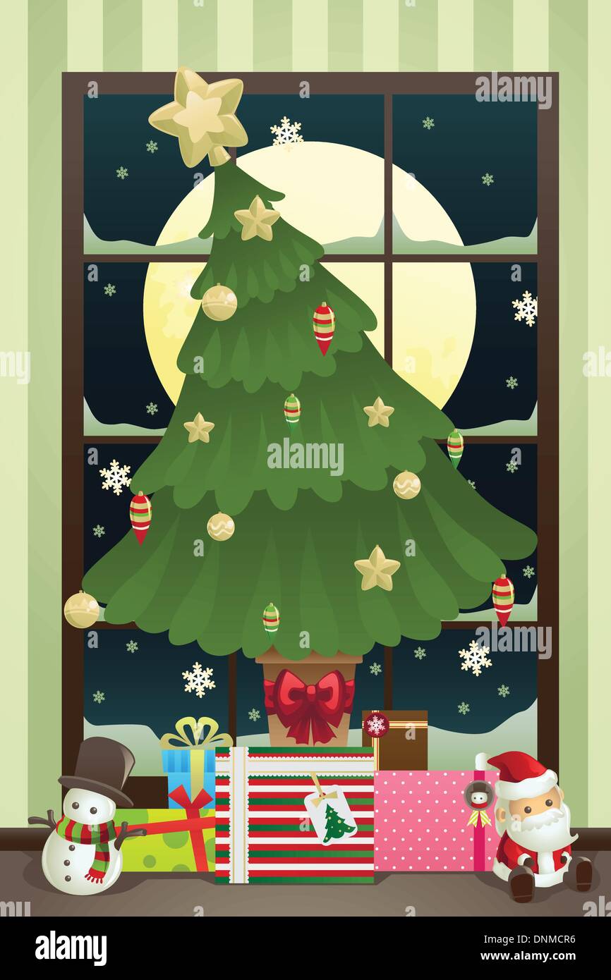 Eine Vektor-Illustration eines Weihnachtsbaumes mit Weihnachtsgeschenke unter ihm Stock Vektor