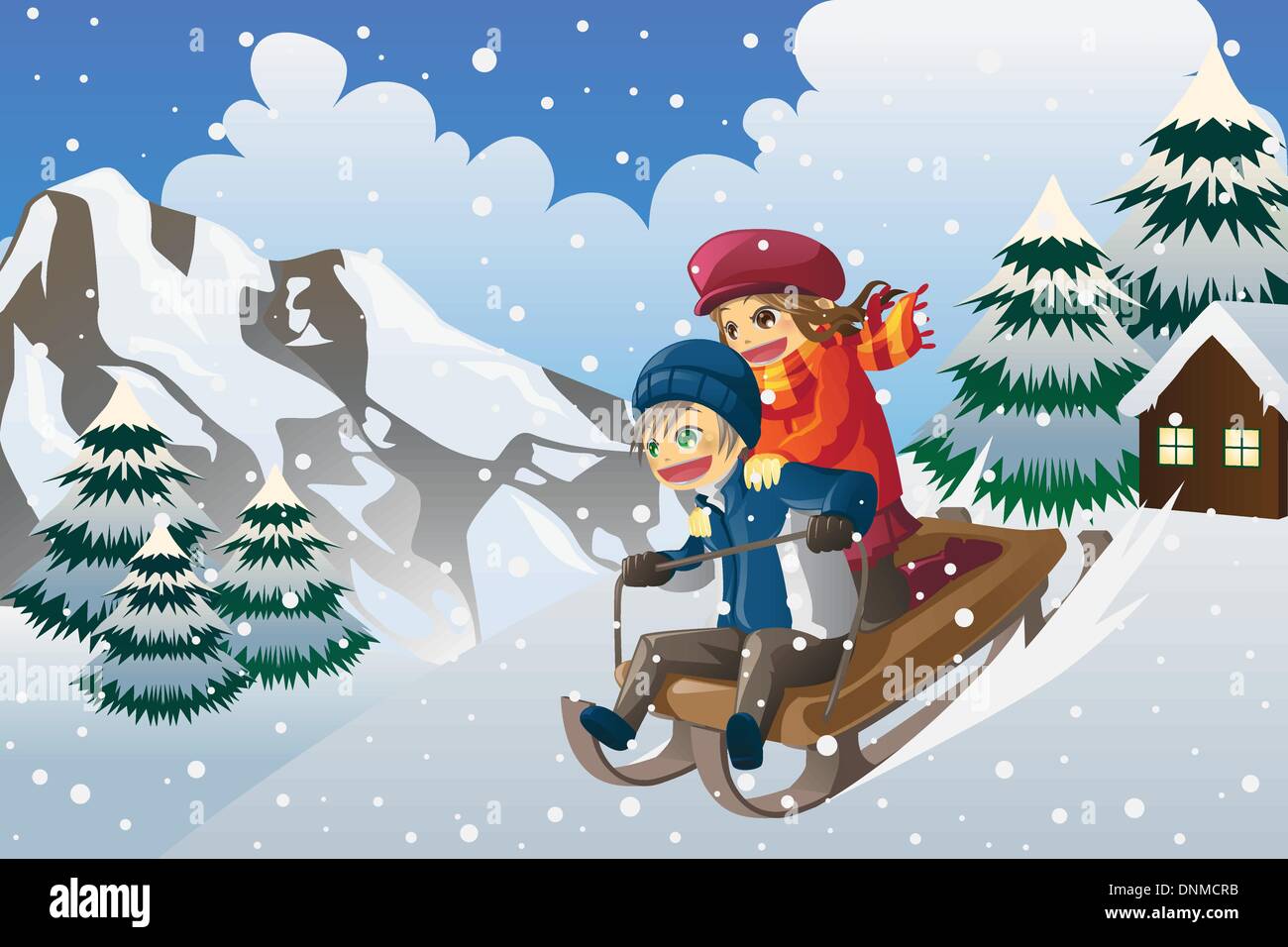 Eine Vektor-Illustration von Kindern Rodeln bergab im Schnee Stock Vektor