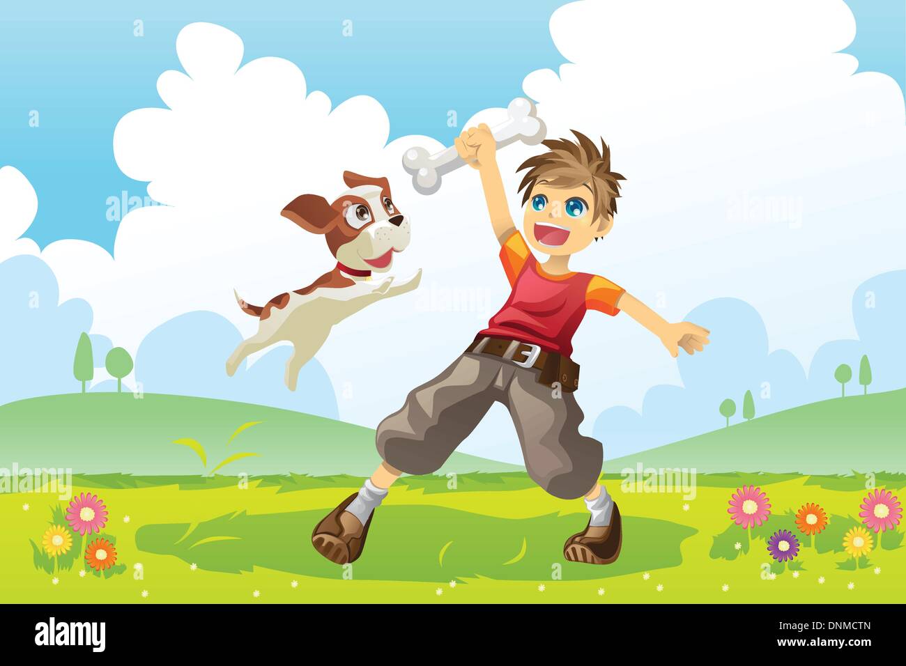 Eine Vektor-Illustration ein Junge und sein Hund spielen im park Stock Vektor