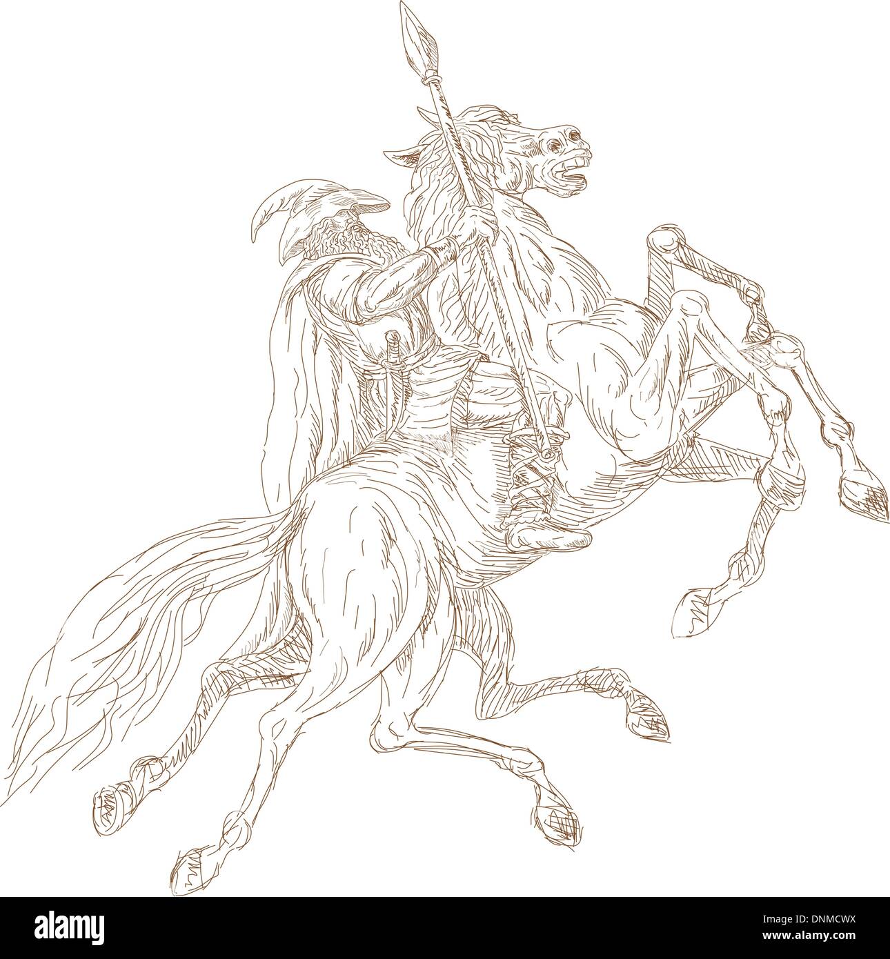 Illustration der nordischen Gott Odin auf acht-legged Pferd Sleipner in die wilde Jagd. Hand, entworfen und gezeichnet. Stock Vektor