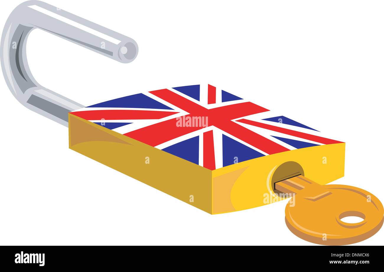 Illustration von Schloss und Schlüssel mit britischer Flaggendesign setzen auf weißem Hintergrund im retro-Stil gemacht. Stock Vektor