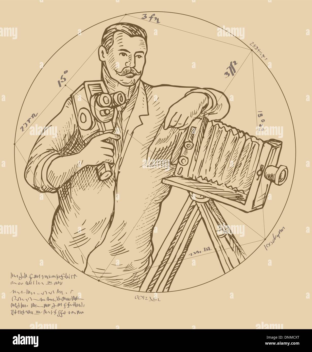 Hand skizzieren Außenillustration Vintage Fotograf hält Videokamera gemacht zu schauen, wie es von einem Renaissance-Künstler gemacht wurde. Die handgeschriebenen Text, Buchstaben, Zahlen und Symbole bedeuten nicht, nichts, nur Kauderwelsch. Stock Vektor