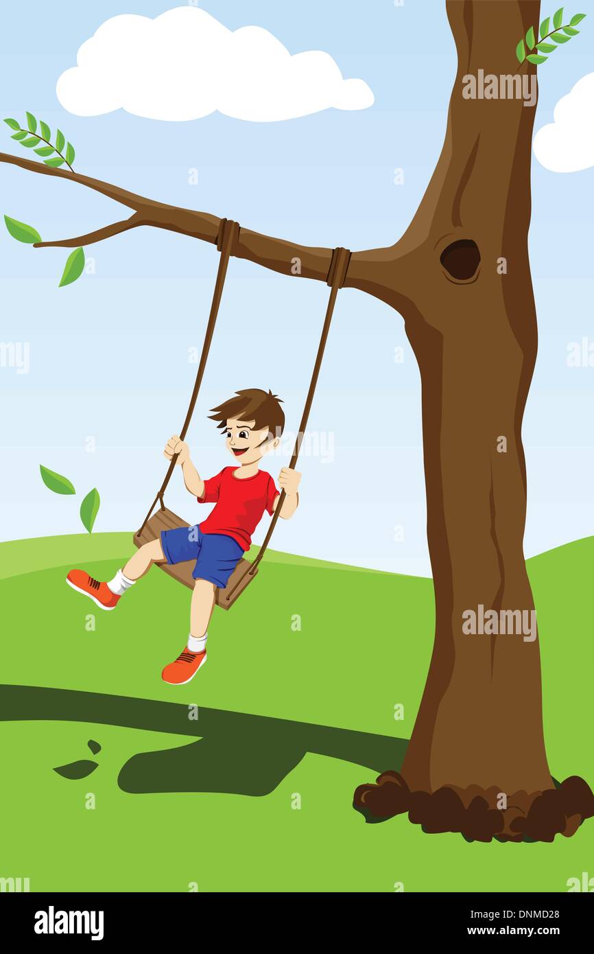 Ein glückliches Kind schwingt auf einem Baum vor einer Vektor-illustration Stock Vektor
