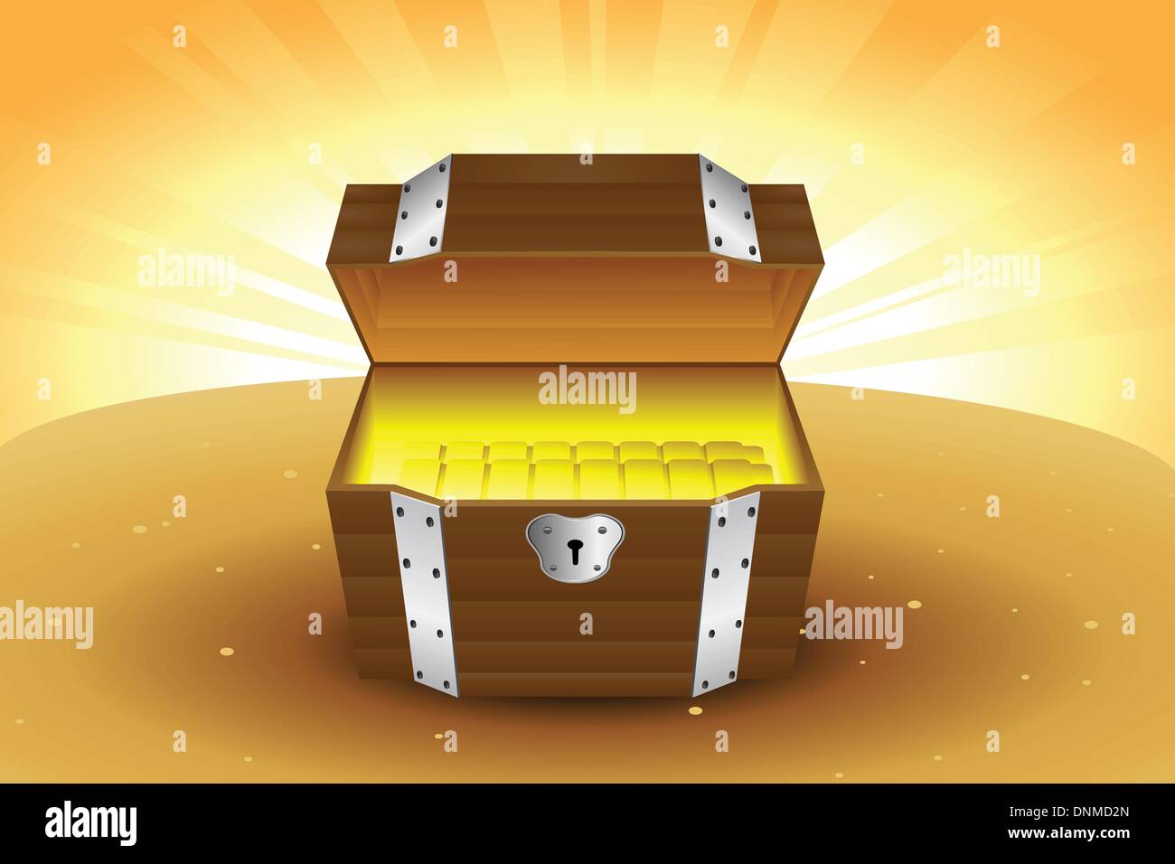Eine Vektor-Illustration einer hölzernen Schatztruhe mit Gold innen Stock Vektor